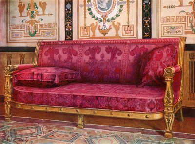 Carved Gilt Couch Covered in Rose Brocade de Lyons by Edwin John Foley